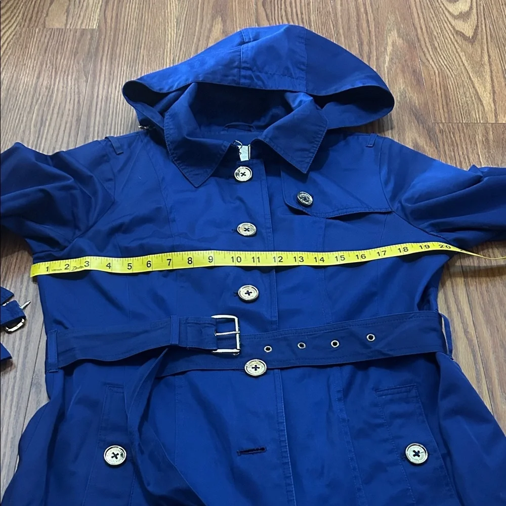 Michael Kors Blue Belted Hood Lined Trench‎ All Weather Gold Buttons Women’s Med